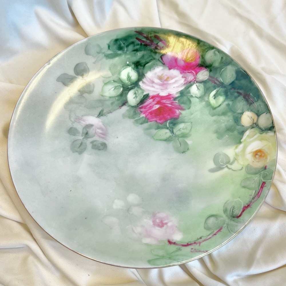 Antique The Geo. H. Bowman Co. J&C Handpainted Green  Floral Porcelain Plate